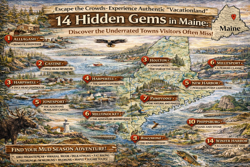 Illustrated travel map of Maine highlighting 14 hidden gem towns visitors often miss, featuring remote North Woods landscapes, quiet fishing villages, rugged coastlines, forested lakes, wildlife like moose and eagles, and scenic backroads representing authentic Vacationland experiences.