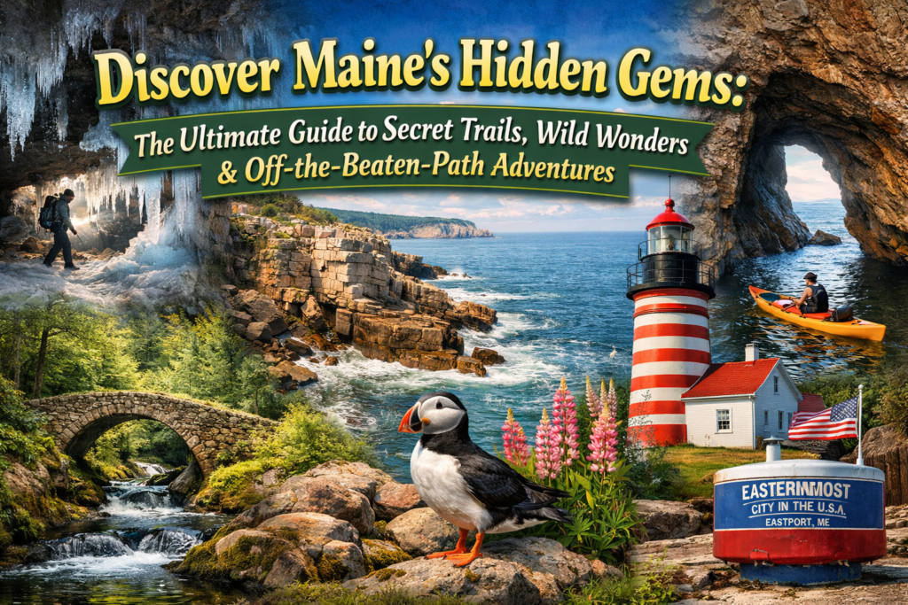 Collage of Maine hidden gems featuring Debsconeag Ice Caves, Giant’s Stairs Bailey Island cliffs, Quoddy Head Lighthouse in Lubec, Easternmost City Buoy in Eastport, Vaughan Woods stone bridge, and Gulf Hagas gorge in Maine.