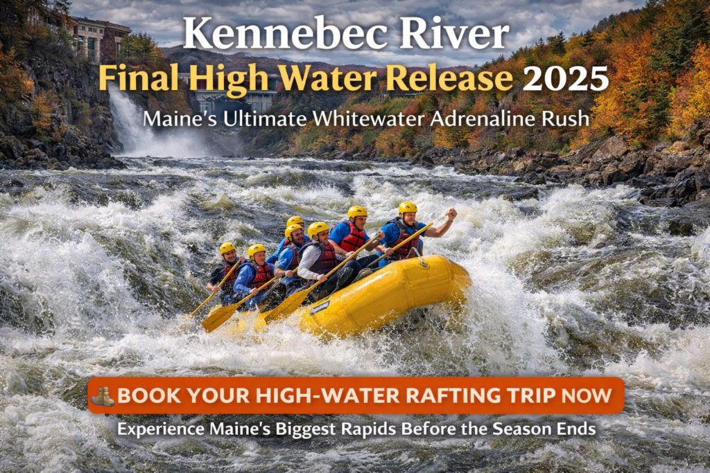 Whitewater rafters navigating massive standing waves during the Kennebec River high water release below Harris Station Dam in The Forks, Maine, surrounded by rugged gorge cliffs and early fall foliage.