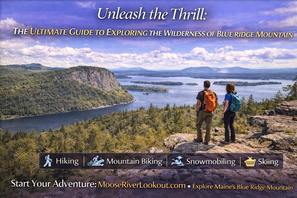 Hikers overlooking Moosehead Lake from Blue Ridge Mountain in Rockwood, Maine, surrounded by forested Maine Highlands under natural light.
