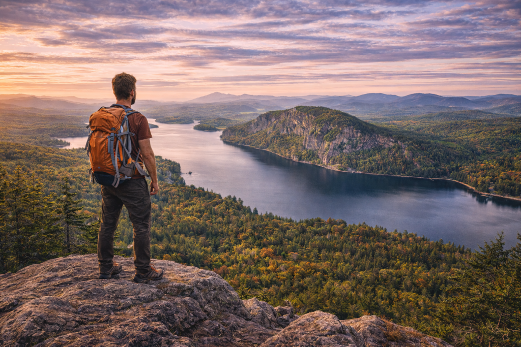 Hiker overlooking Moosehead Lake from a Greenville, Maine mountain trail surrounded by forested peaks and alpine scenery in the Maine Highlands.