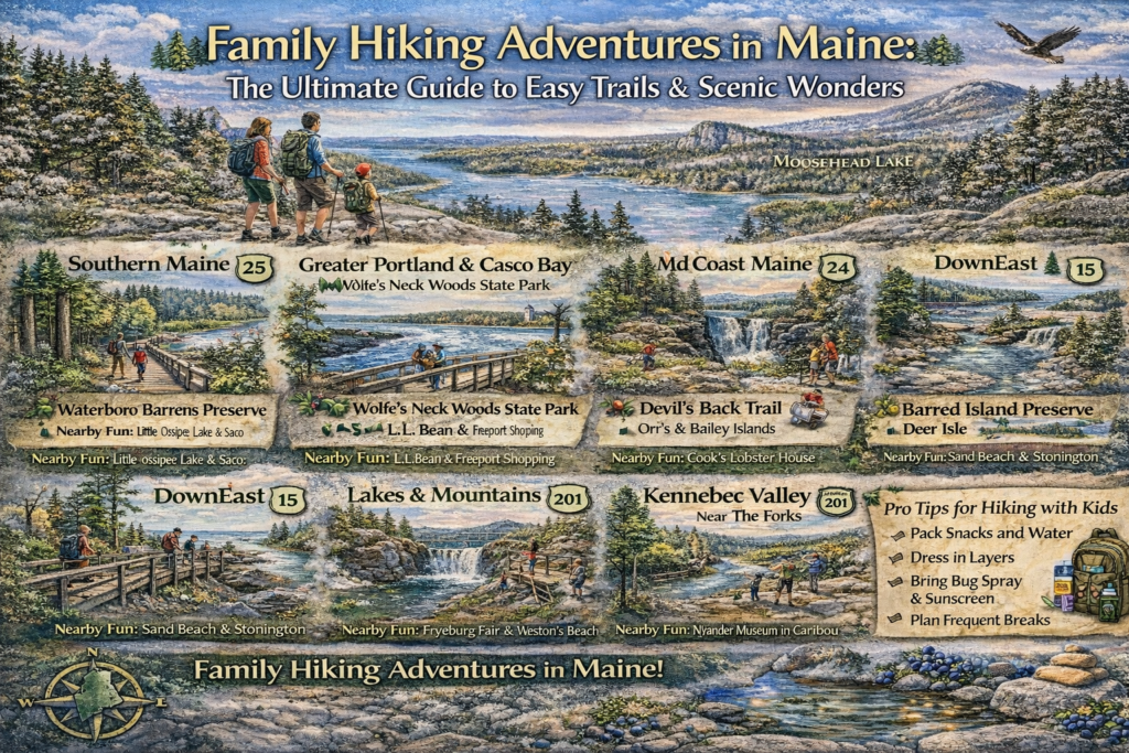 Family hiking in Maine illustrated map featuring Moosehead Lake, Moxie Falls, Wolfe’s Neck Woods State Park, and kid-friendly scenic trails across the state.