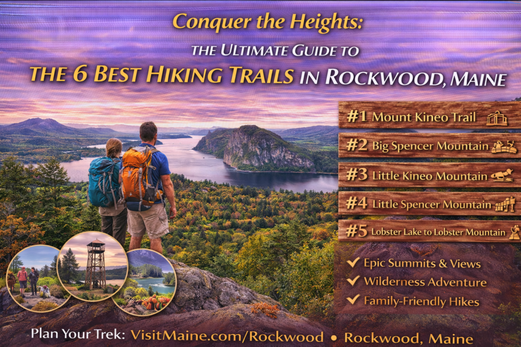 Rockwood Maine hiking trails with panoramic views of Moosehead Lake, Mount Kineo cliffs, and forested mountain peaks in the Maine Highlands