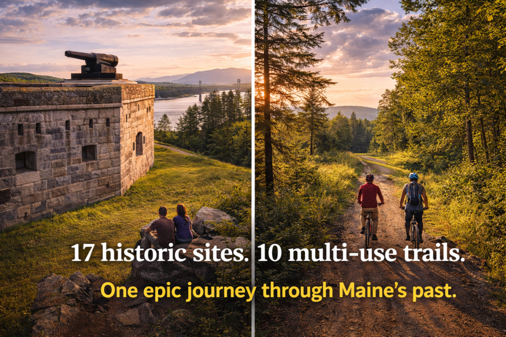 Historic stone fort and forest trail in Maine, showcasing the state’s rich history and scenic multi-use trails in the Maine Highlands