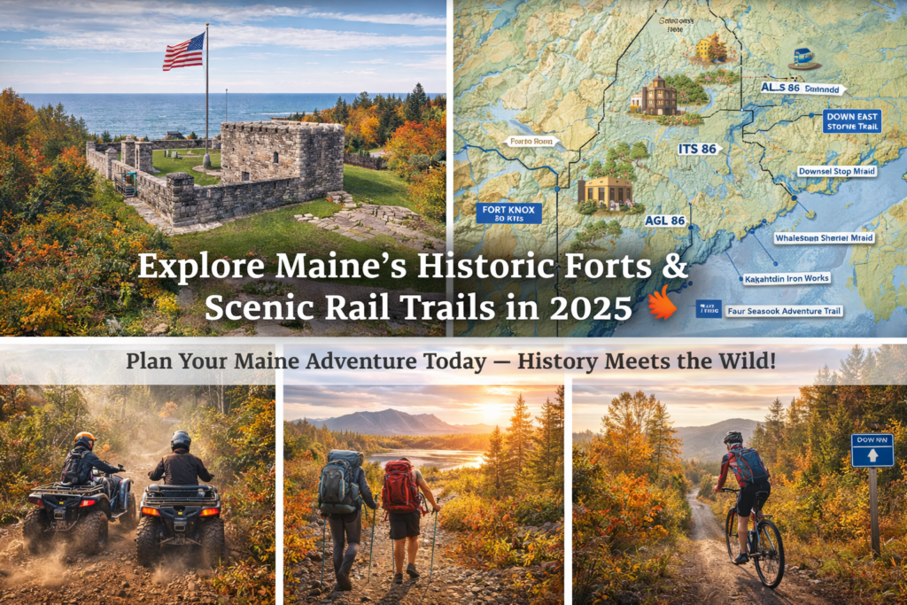 A vibrant 16:9 scenic map-style image of Maine highlighting historic forts, coastal lighthouses, Katahdin Iron Works ruins, Penobscot Narrows Observatory, and multi-use rail trails through colorful fall foliage in the Maine Highlands.