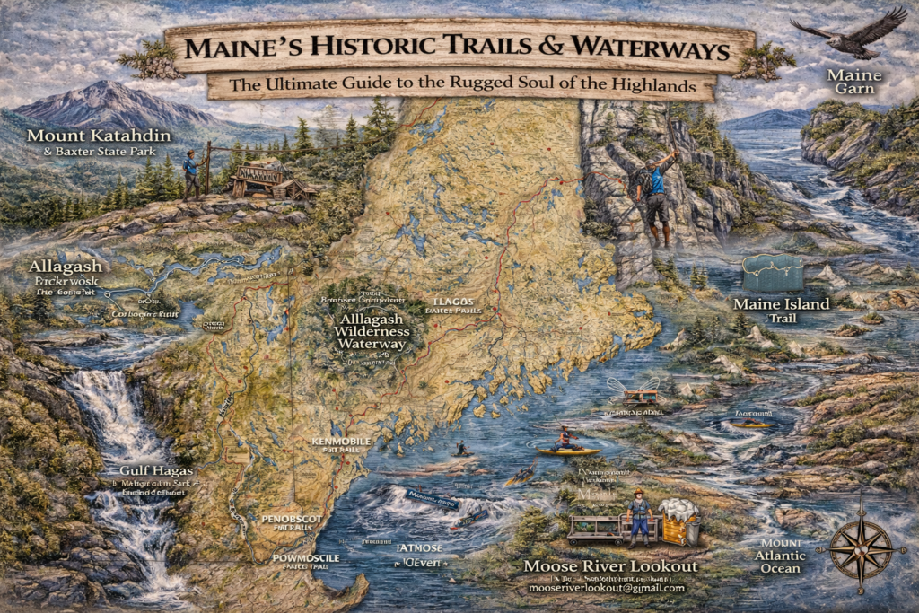 llustrated map of Maine’s historic trails and waterways highlighting the Appalachian Trail, Allagash Wilderness Waterway, Gulf Hagas, Kennebec River, Penobscot River, Moose River, and key Maine Highlands landmarks.