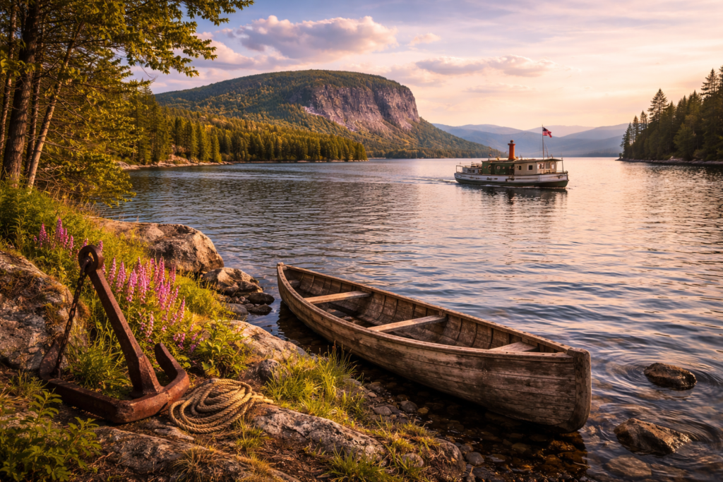 Wide scenic view of Moosehead Lake surrounded by Maine Highlands mountains and forest under natural summer light