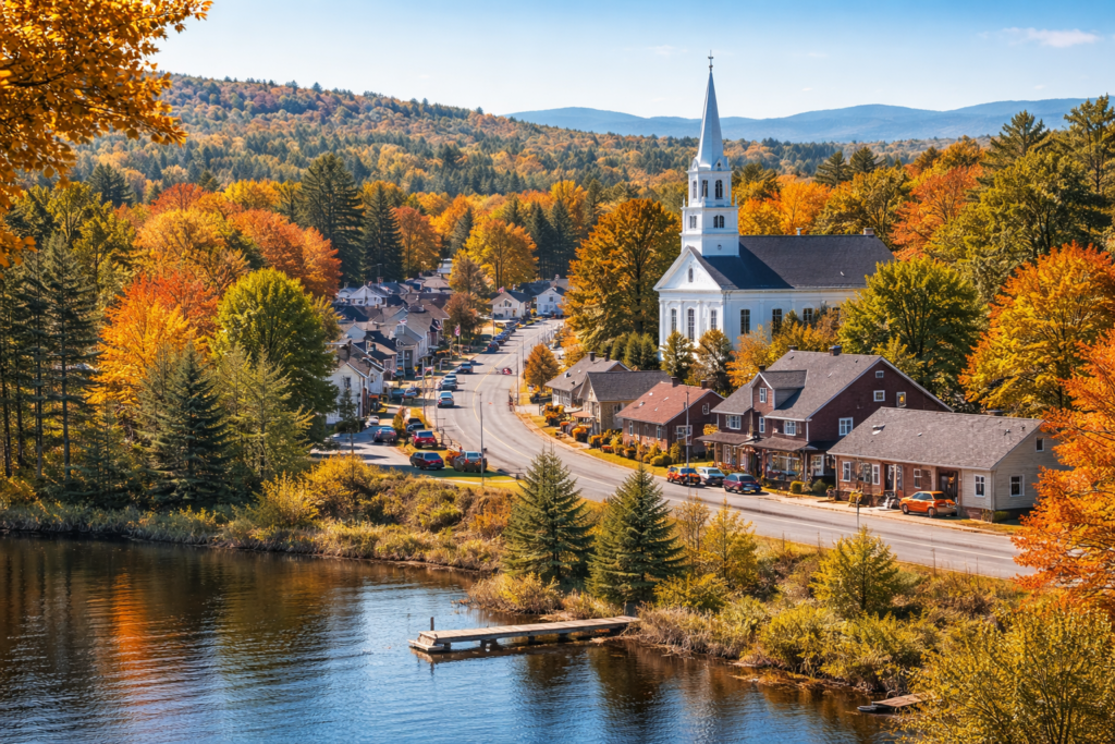 Scenic view of Holden, Maine with rolling forests, ponds, and classic New England countryside near Fields Pond and Penobscot County.