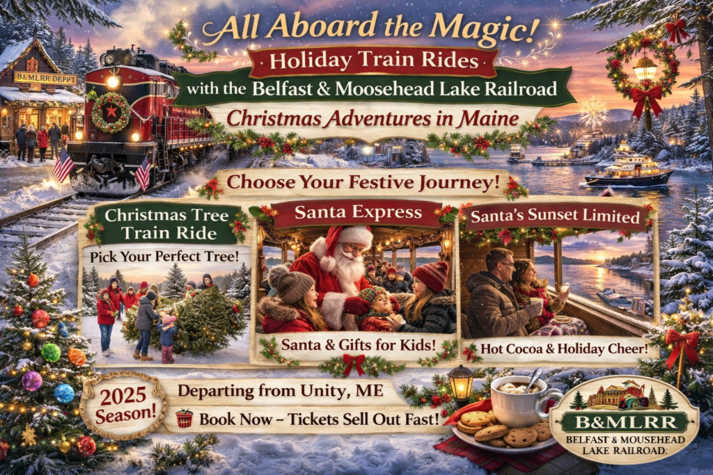 Santa Claus greeting a child beside a decorated vintage steam train during the Belfast & Moosehead Lake Railroad holiday train ride in Unity, Maine, with snowy pine forests at sunset.