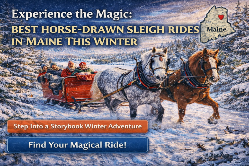 Promotional winter image of a horse-drawn sleigh ride in Maine featuring two draft horses pulling a red sleigh through snow-covered pine forests, with bundled riders enjoying a classic winter sleigh ride experience under falling snow.