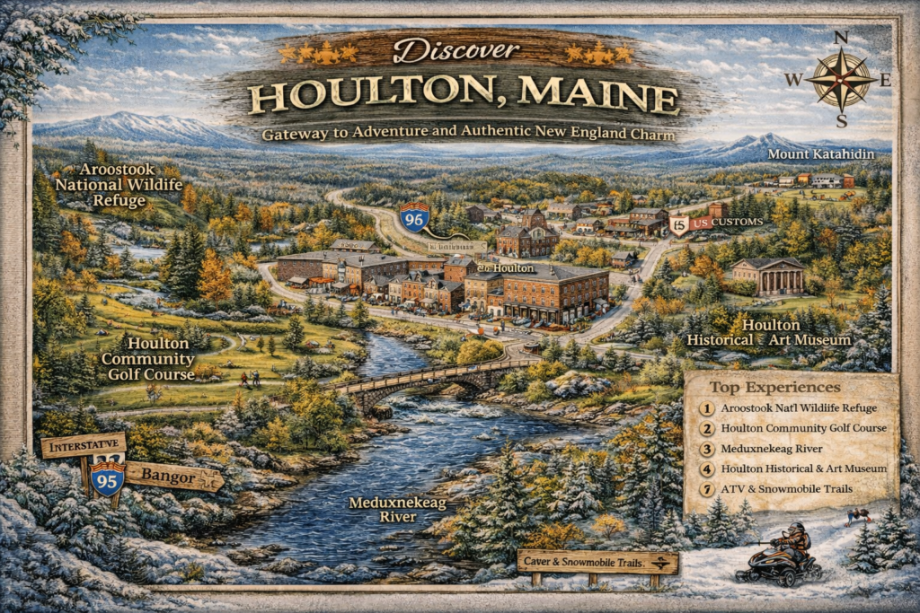 Illustrated map of Houlton, Maine showing downtown, the Meduxnekeag River, nearby outdoor attractions, trails, and scenic landmarks in Aroostook County.