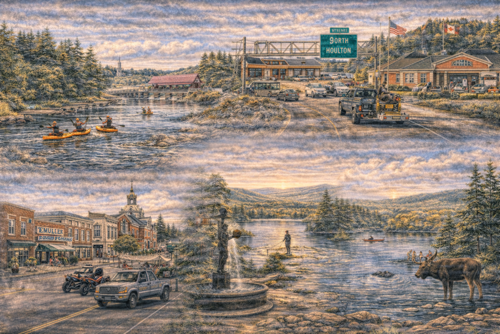 Realistic 16:9 illustrated map of Houlton, Maine featuring the Meduxnekeag River Trail, Market Square, Nickerson Lake, Southern Bangor & Aroostook Trail, and the Canadian border landscape in vibrant natural colors.