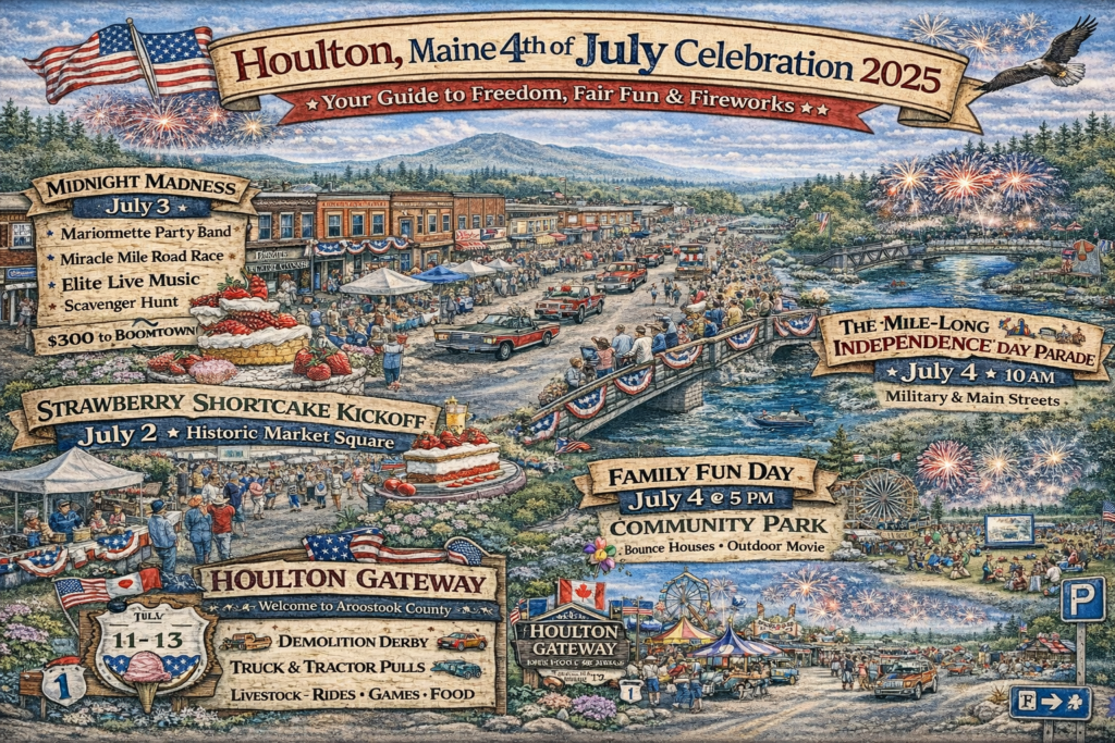 Illustrated event map of Houlton Maine 4th of July Celebration 2025 featuring Market Square, Midnight Madness street fair, Independence Day parade route, Community Park fireworks, and Houlton Agricultural Fairgrounds in Aroostook County.