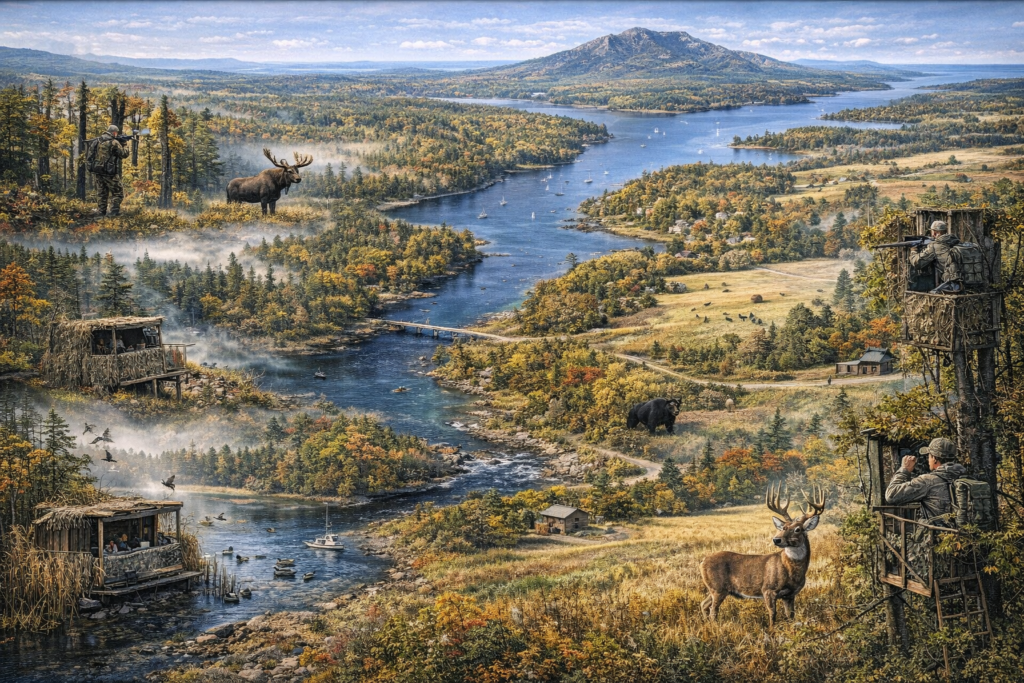 A high-resolution aerial map-style image of Maine highlighting major hunting regions across the North Woods, Moosehead Lake, Allagash Wilderness, and southern farmland edges, showing forests, lakes, rivers, and designated wildlife management areas in vibrant natural colors.