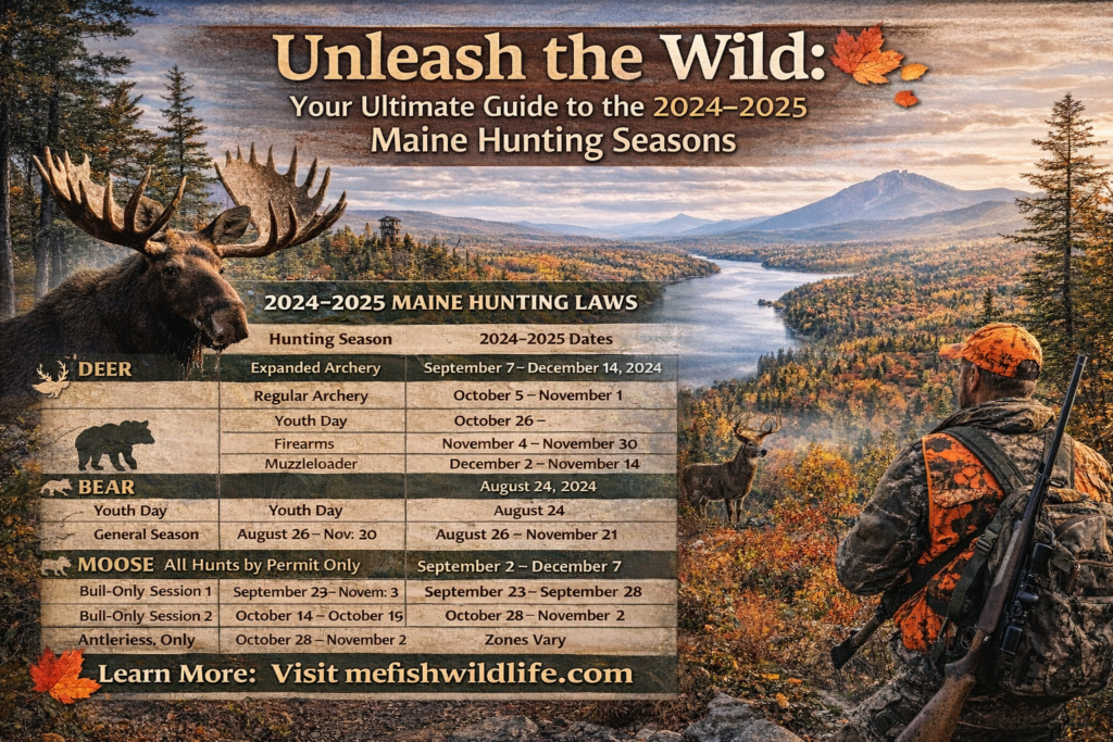 Maine hunting laws 2024–2025 overview showing deer, moose, bear, and small game seasons in a Maine wilderness setting near Moosehead Lake
