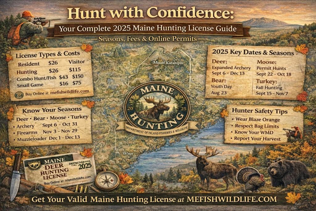 Illustrated 16:9 map of Maine highlighting Wildlife Management Districts, deer, moose and bear habitats, seasonal dates, and 2025 Maine hunting license information with North Woods forest and Moosehead Lake scenery.