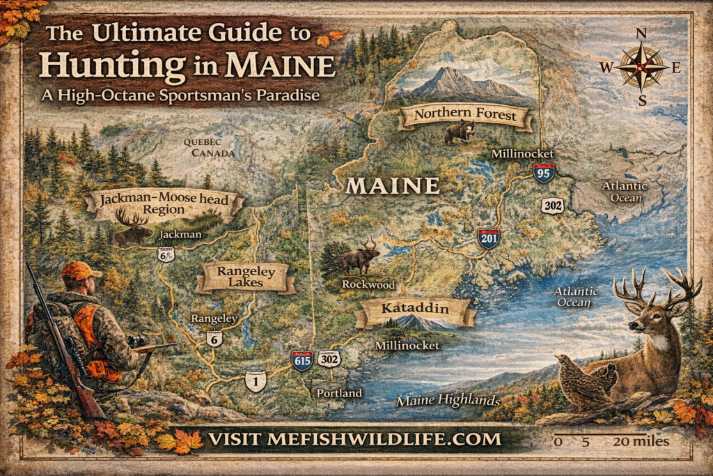 Illustrated map of Maine showing top hunting regions including Moosehead Lake, Katahdin, Rangeley Lakes, and northern wilderness areas with forests, rivers, and mountains.