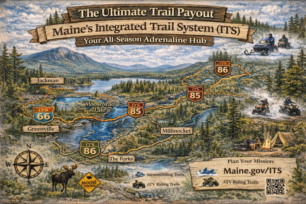 Maine Integrated Trail System map showing ITS 66, ITS 85, ITS 86, and ITS 88 connecting Greenville, Rockwood, Millinocket, Jackman, and The Forks through the Maine Highlands.
