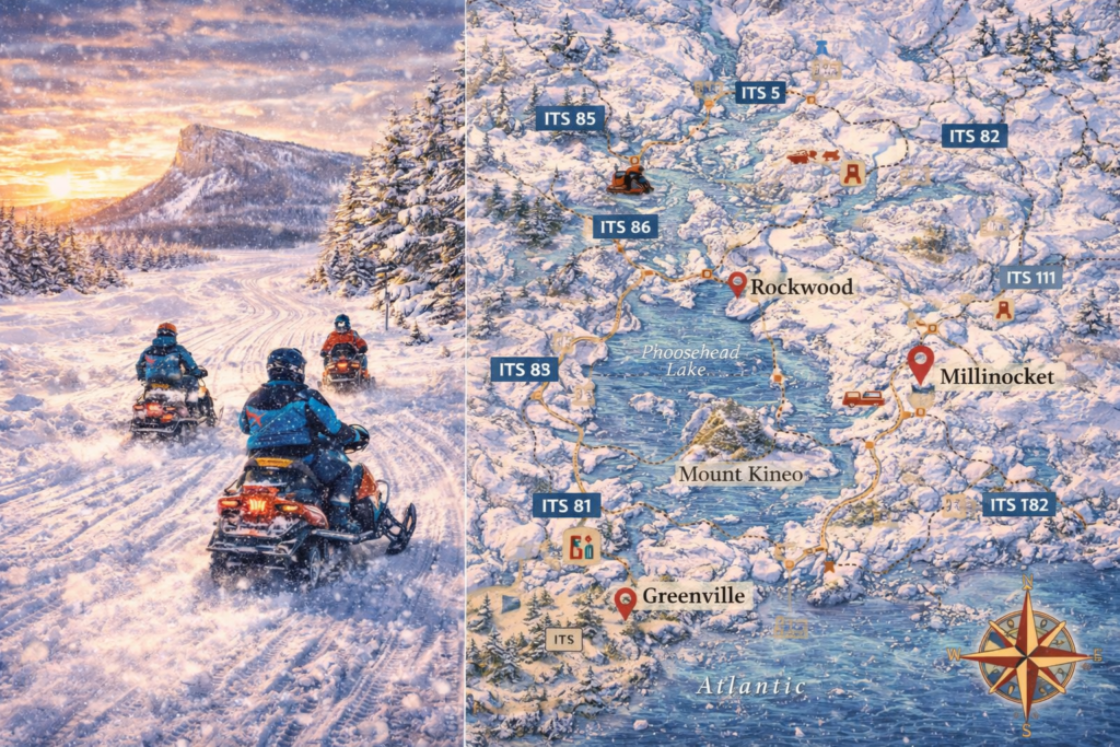 Illustrated winter map of Northern Maine snowmobiling trails featuring Moosehead Lake, Mount Kineo, Millinocket, Greenville, and the ITS network for the 2025–2026 season.