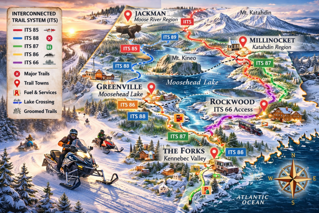 Illustrated map of snowmobiling in Maine featuring ITS trail routes, Moosehead Lake, Mount Kineo, Jackman, Greenville, Rockwood, Millinocket, and The Forks with snow-covered North Woods scenery and riders on groomed trails.
