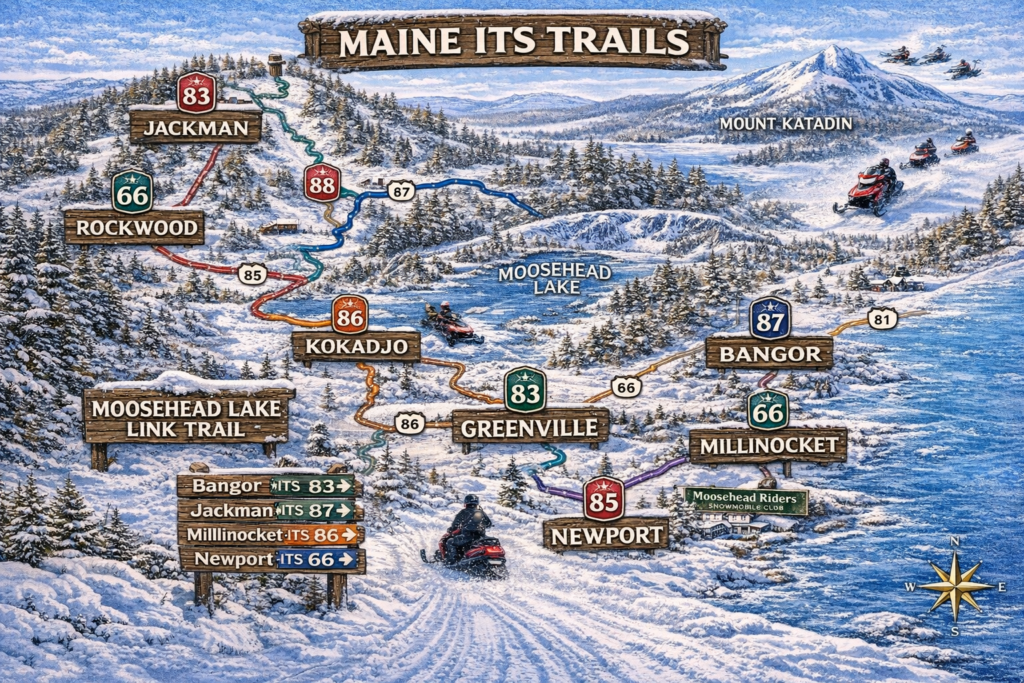 llustrated map of Maine’s Interconnected Trail System (ITS) highlighting Moosehead Lake snowmobile routes, ITS 66, ITS 85, ITS 86, and surrounding mountain terrain in the Maine Highlands.