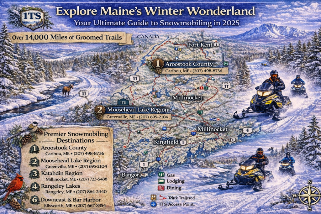 Illustrated winter map of Maine snowmobile trails showing the ITS network, Moosehead Lake region, mountains, forests, and key riding corridors in vibrant winter scenery.