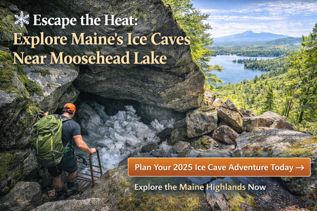 Hiker descending into the Debsconeag Ice Caves near Moosehead Lake, Maine, with Mount Katahdin and First Debsconeag Lake visible in the background during a vibrant summer day.