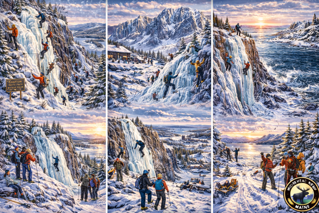 Ice climbing in Maine 2026 map featuring Mount Katahdin, Grafton Notch, Mount Kineo, and Acadia frozen waterfalls with climbers ascending blue ice in a vibrant North Woods winter landscape.
