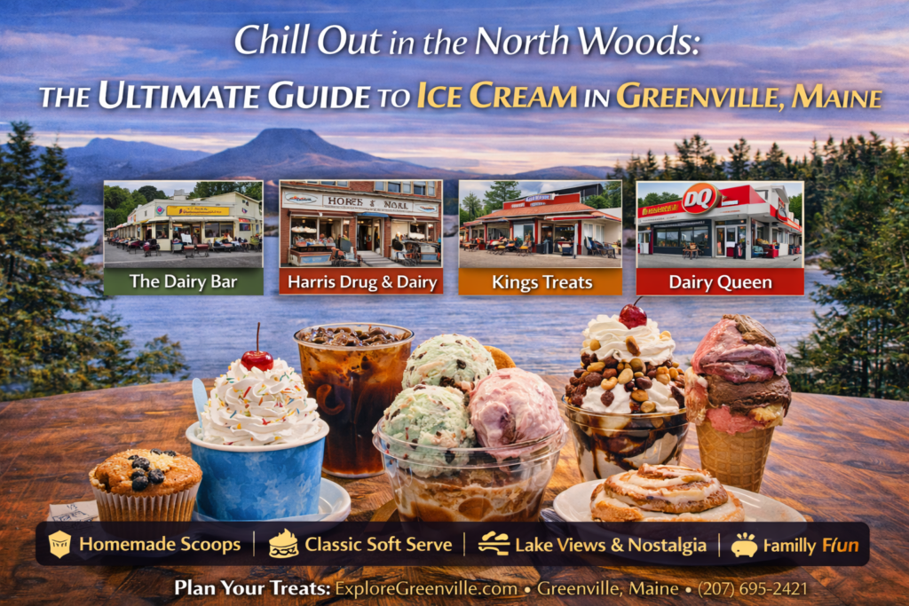 Families and visitors enjoying ice cream in downtown Greenville, Maine, with colorful scoops, classic dairy bars, and Moosehead Lake views in the background.