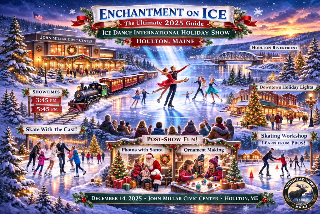 Ice Dance International performers skating at the John Millar Civic Center in Houlton, Maine during the 2025 Enchantment on Ice holiday show, featuring festive lights, Santa visits, ornament making, and winter activities in Aroostook County.