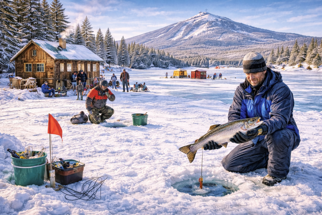 Ice fishing shacks and anglers on frozen Moosehead Lake in Maine with snow-covered mountains and winter wilderness scenery