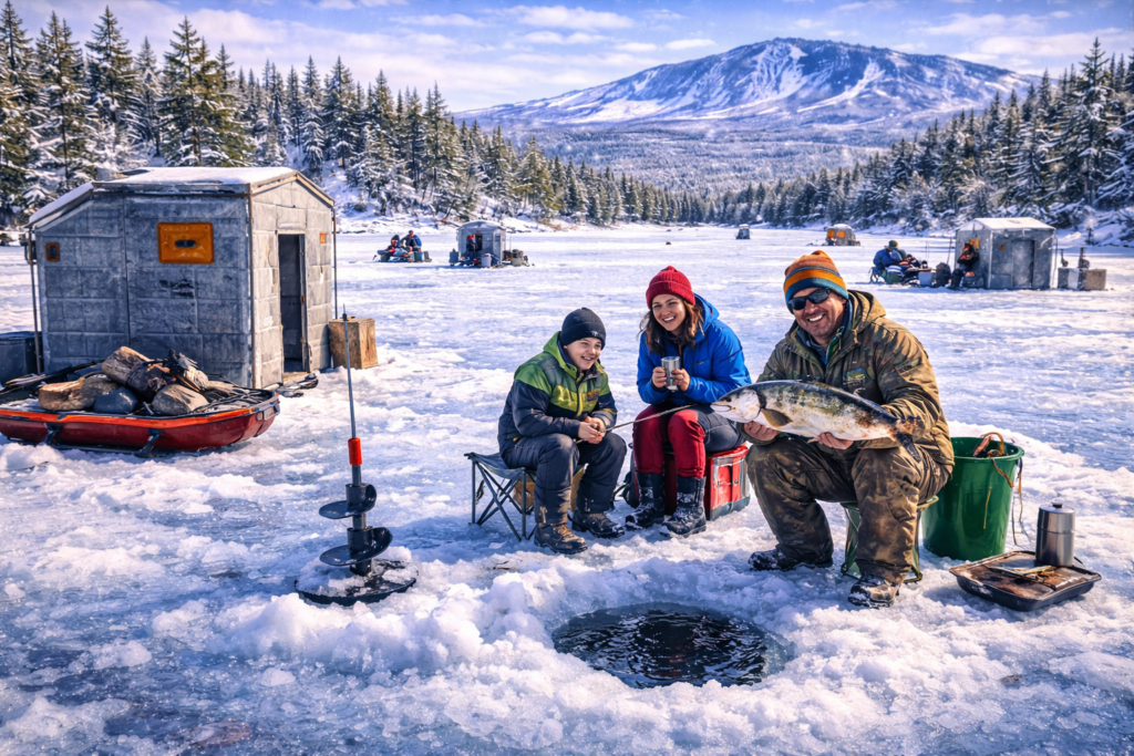 Ice fishing on a frozen Maine lake with anglers using tip-ups and an ice shack, surrounded by snow-covered trees and winter wilderness