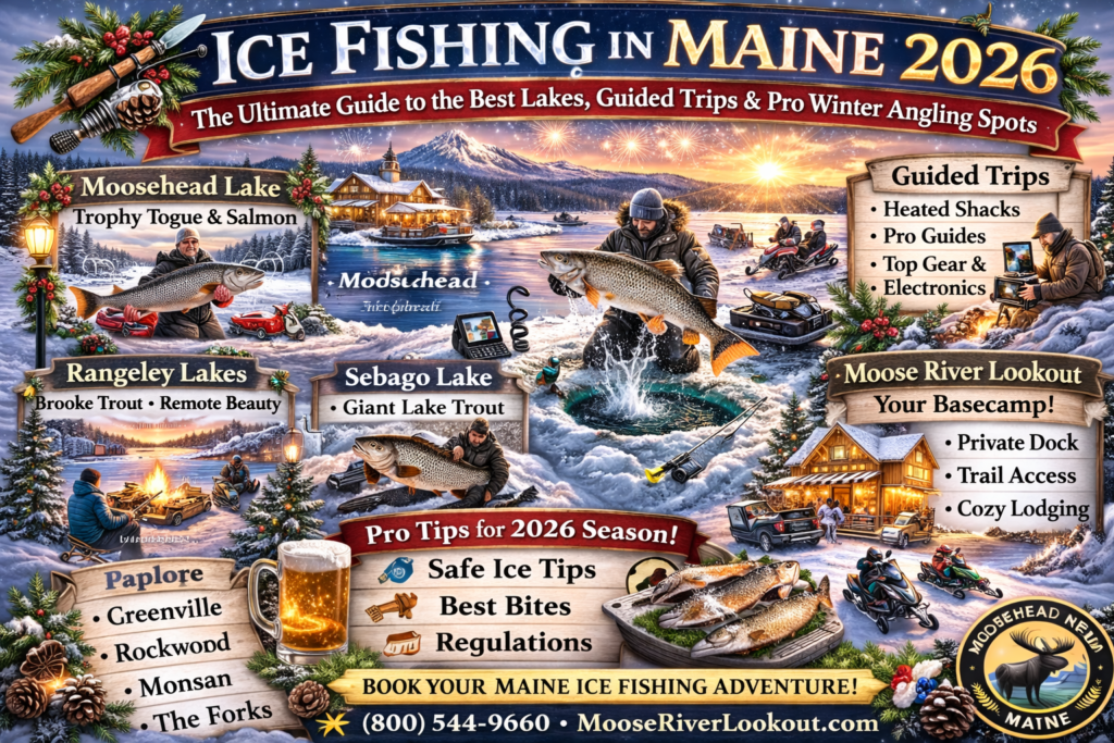 Ice Fishing in Maine 2026 promotional banner featuring Moosehead Lake, Rangeley Lakes, Sebago Lake and Belgrade Lakes with anglers, heated ice shacks, snowmobiles, trophy lake trout and winter basecamp at Moose River Lookout in Rockwood Maine.
