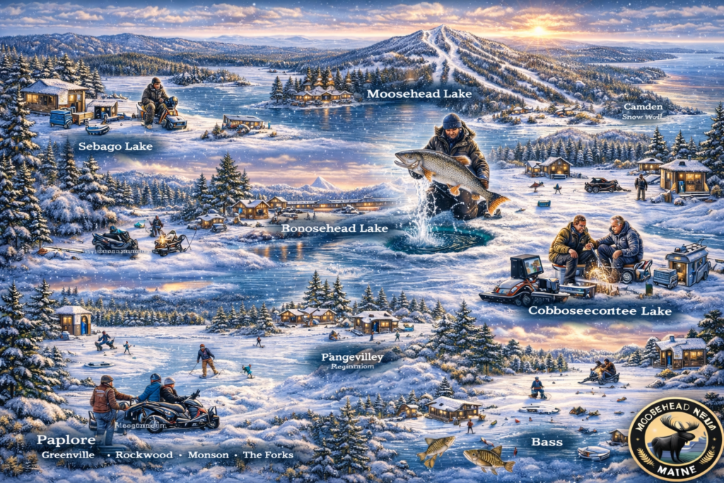 Illustrated winter map of Maine highlighting Moosehead Lake, Sebago Lake, and Rangeley Lakes with ice fishing shacks, anglers, tip-ups, snow-covered forests, and the Moosehead News logo in a vibrant 16:9 promotional banner.