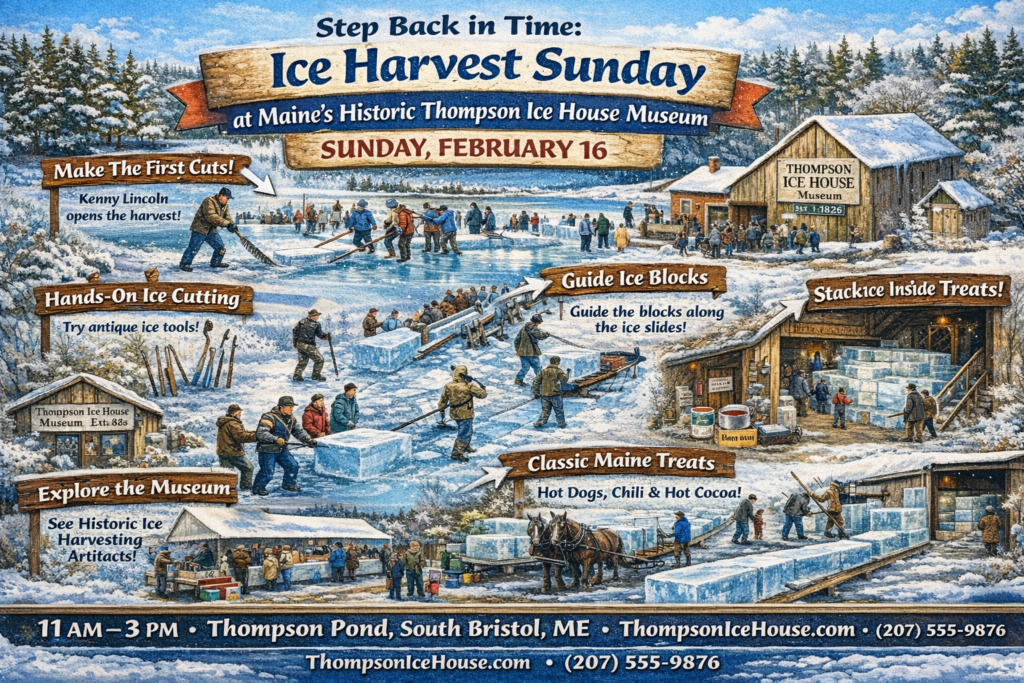 Illustrated winter event map of Ice Harvest Sunday at the Thompson Ice House Museum showing historic ice harvesting on frozen Thompson Pond with hands-on ice cutting, volunteers guiding ice blocks, stacking ice inside the ice house, museum exploration, and classic Maine winter food in a snowy coastal Maine setting.