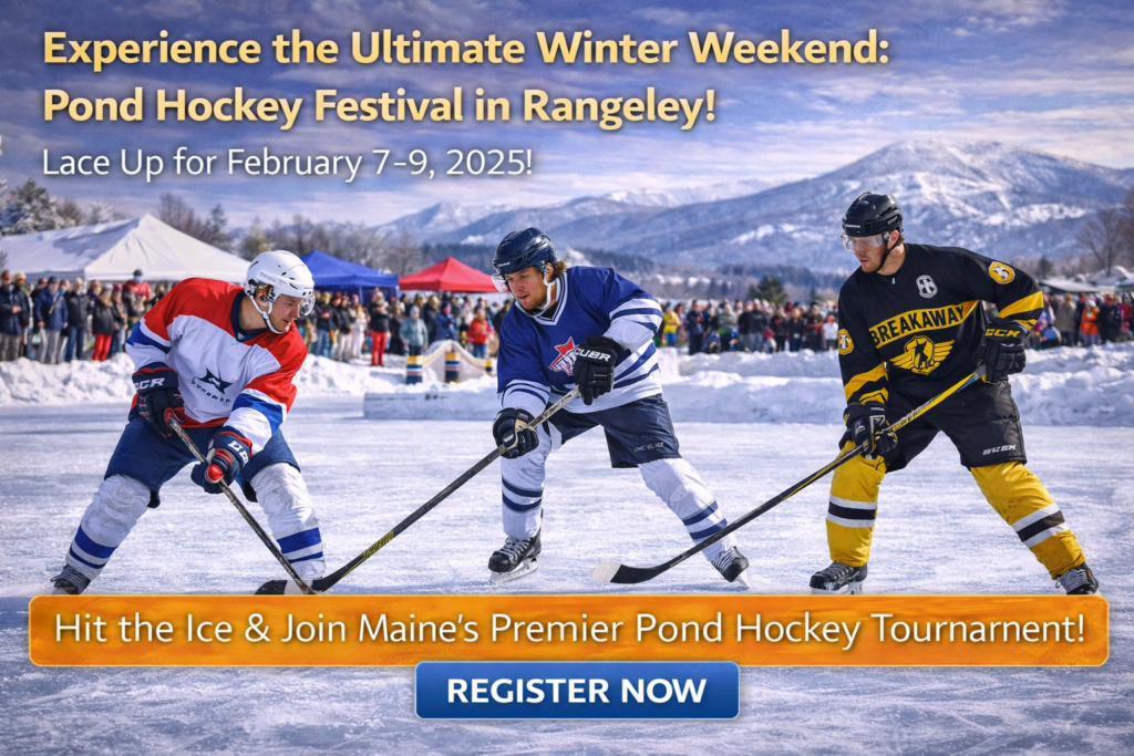 Pond hockey players competing on frozen Haley Pond in Rangeley, Maine, surrounded by snow-covered mountains during the winter pond hockey festival.