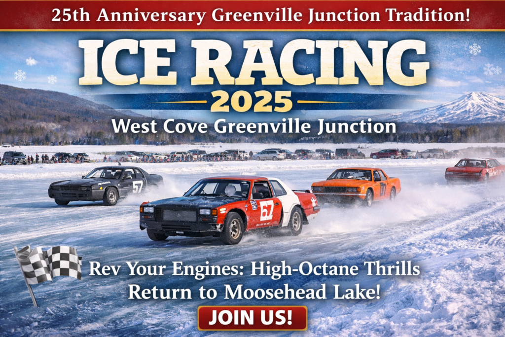 Ice racing on frozen Moosehead Lake at West Cove in Greenville Junction, Maine, with modified cars speeding across the ice and winter mountains in the background.