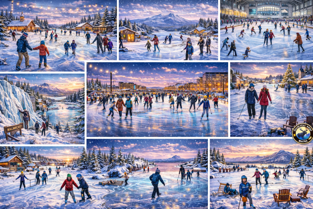 Families and couples ice skating on frozen ponds and outdoor rinks across Maine at sunset with snow-covered mountains, warming huts, and winter lights in a vibrant 2026 promotional collage.