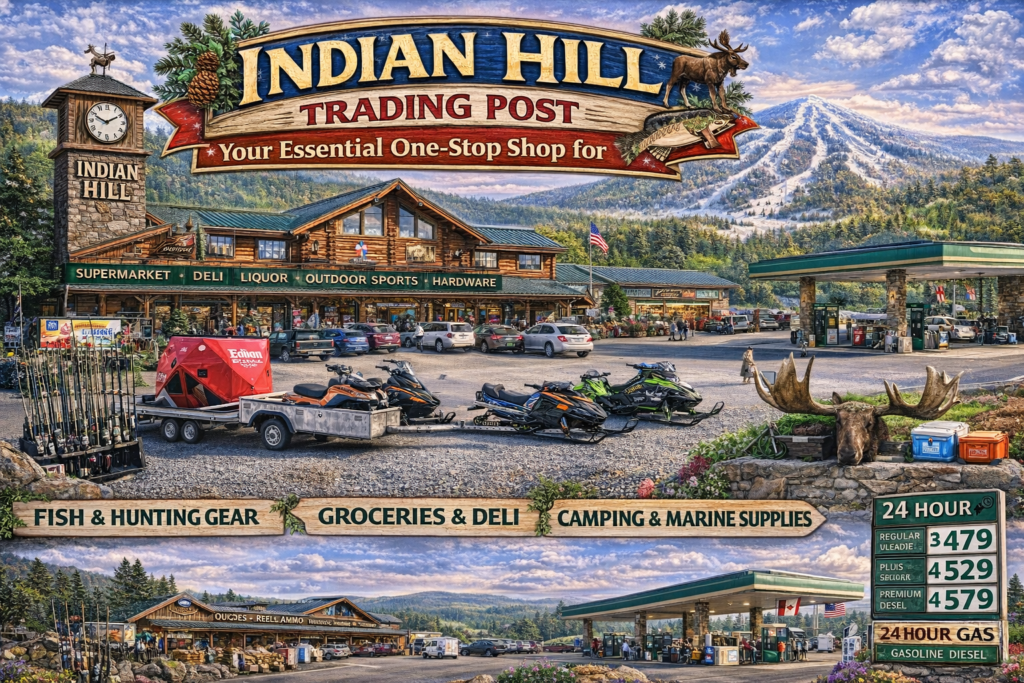 Indian Hill Trading Post in Greenville Maine featuring rustic log-style storefront, outdoor gear displays, 24-hour gas station, and Moosehead Lake region mountain scenery.