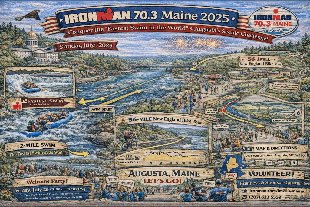 Illustrated 16:9 event map of IRONMAN 70.3 Maine 2025 in Augusta featuring Kennebec River swim course, scenic bike loop, riverfront run trail, and Maine State Capitol.
