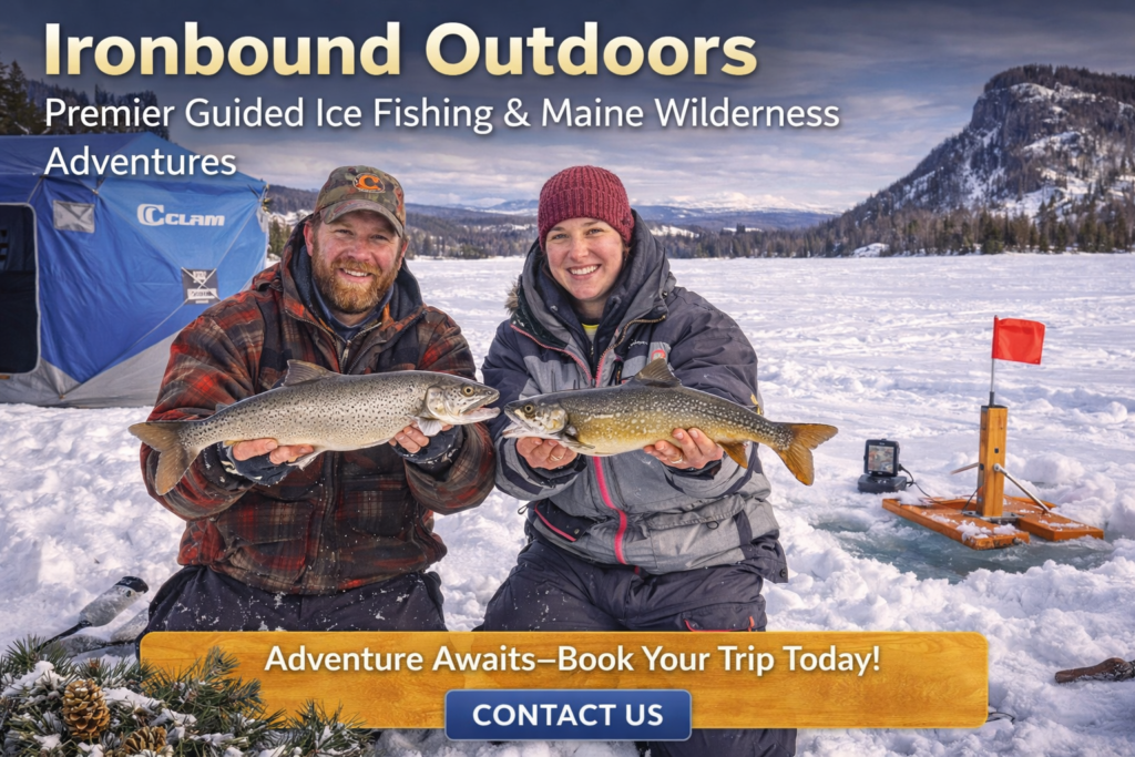 Guided ice fishing trip on Moosehead Lake with Ironbound Outdoors, featuring anglers in an insulated ice shelter with Mount Kineo and Maine wilderness in the background during winter.