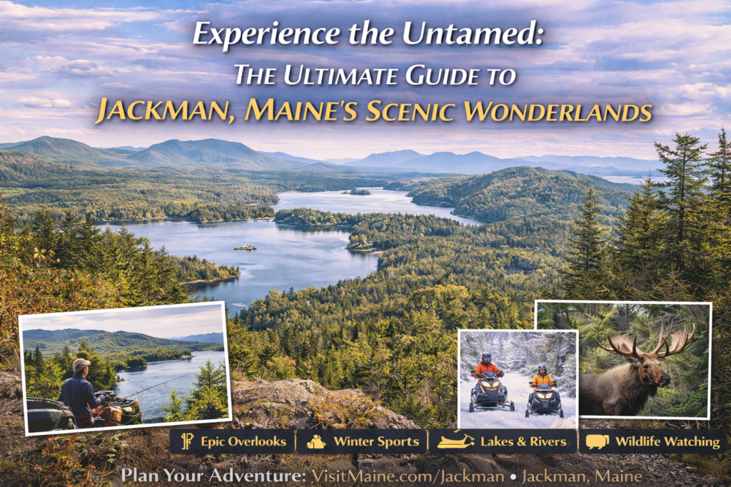Scenic view of Jackman, Maine showing forested mountains, reflective lakes, and the Moose River Valley along the Old Canada Road Scenic Byway in the Maine Highlands.