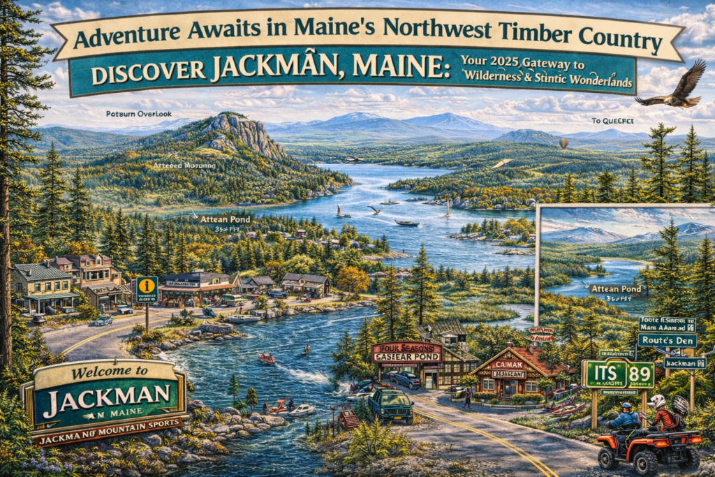 Illustrated adventure map of Jackman, Maine showing Attean Pond, the Attean Overlook, forested mountains near the Quebec border, downtown Jackman, wildlife, boating, ATV riding on ITS trails, and rivers flowing through Maine’s Northwest Timber Country.