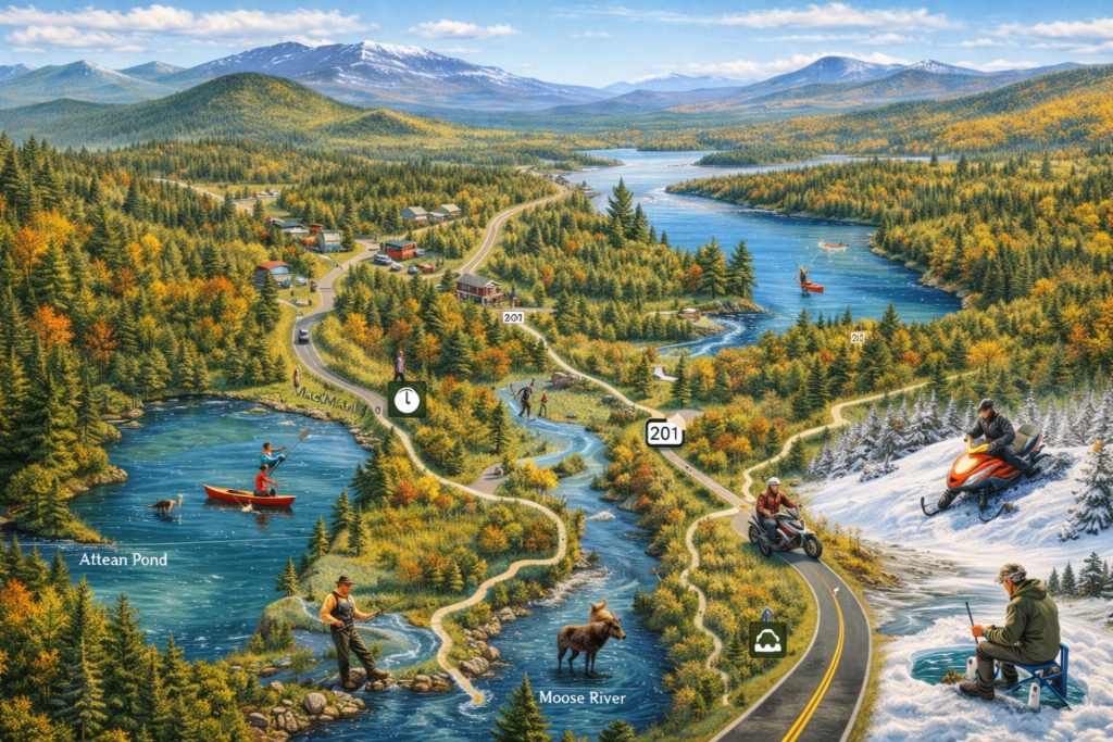 Illustrated scenic map of Jackman Maine showing Moose River, Attean Pond, Route 201, hiking, canoeing, fishing, ATV riding, snowmobiling, and mountain wilderness in the Maine Highlands.