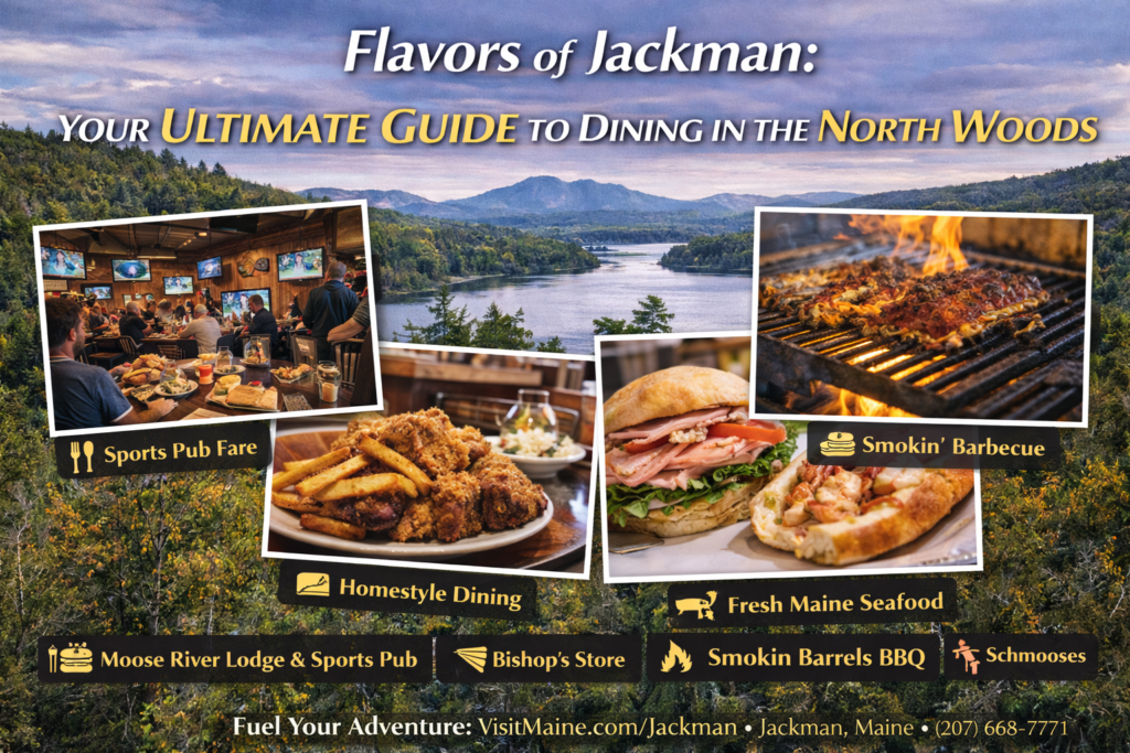 Rustic North Woods dining scene in Jackman, Maine with local restaurants, hearty comfort food, and mountain-town atmosphere.