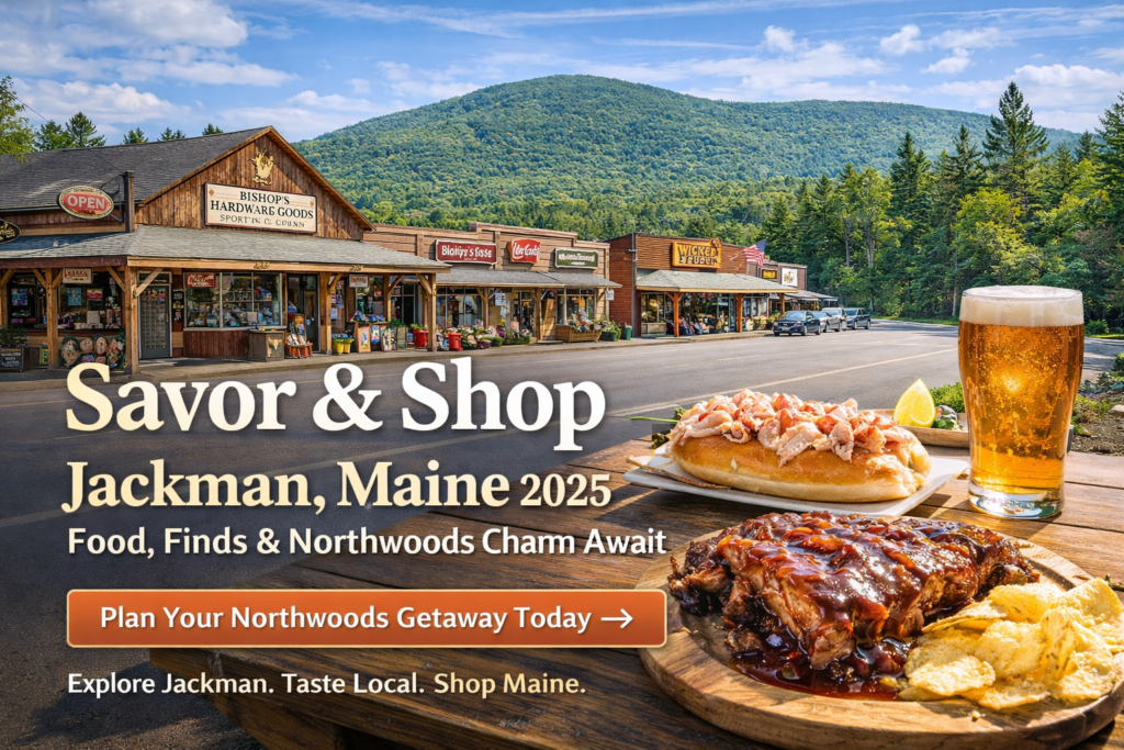 Promotional image of downtown Jackman Maine with outdoor dining table featuring BBQ ribs, lobster roll, and craft beer, local shops along Main Street, and Moose River Valley mountains in the background.