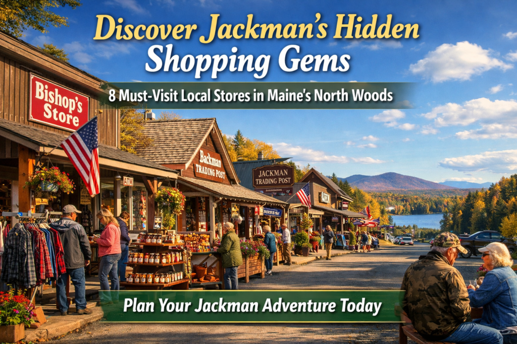 Vibrant fall scene of Main Street Jackman Maine featuring Bishop’s Store and Jackman Trading Post with shoppers browsing local stores in the Moosehead Lake region surrounded by North Woods mountains.