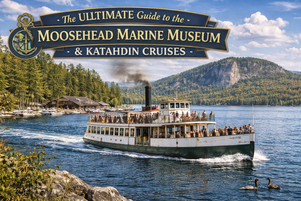Historic Steamboat Katahdin cruising on Moosehead Lake near Mount Kineo at the Moosehead Marine Museum in Greenville, Maine on a sunny summer day.