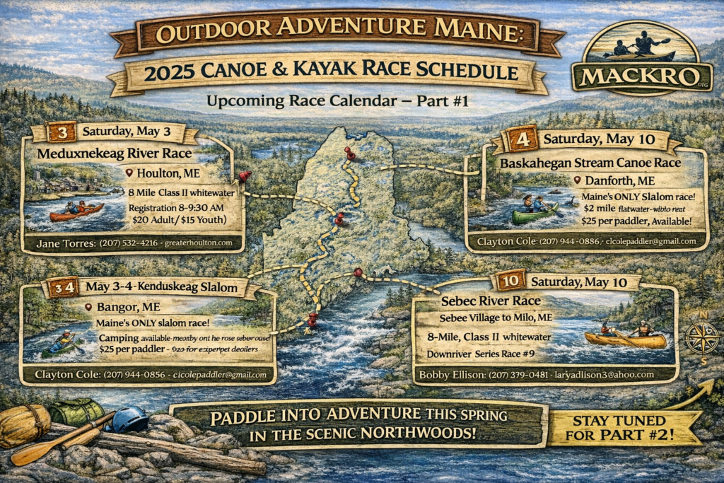 Illustrated map of Maine highlighting 2025 canoe and kayak races including Meduxnekeag River Race, Kenduskeag Slalom, Sebec River Race, and Baskahegan Stream Canoe Race with detailed locations and scenic Northwoods river backgrounds.