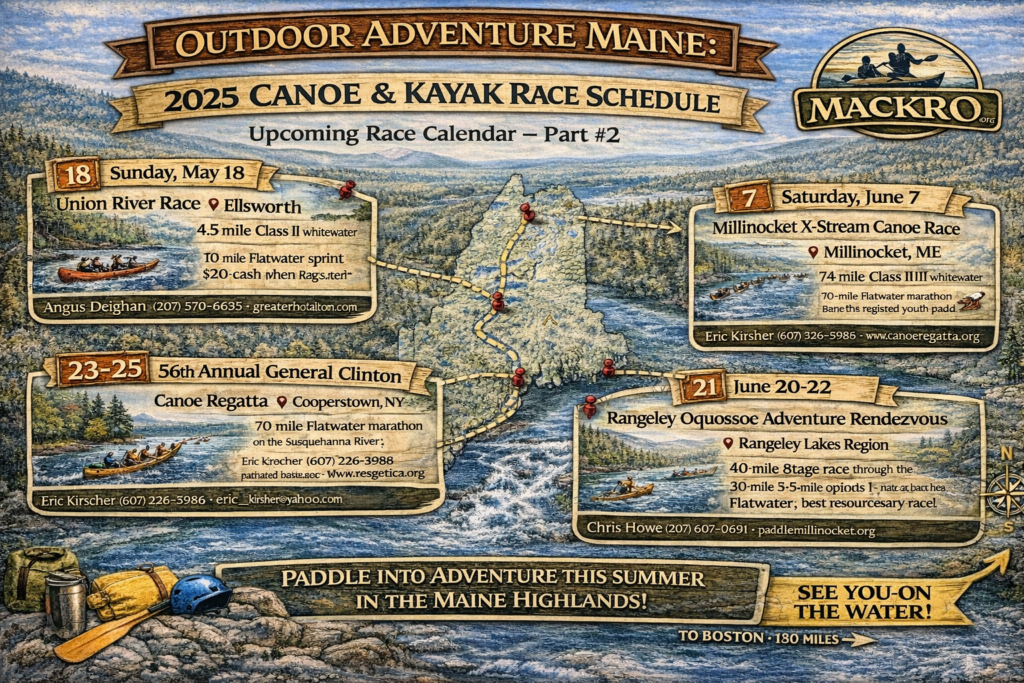 Detailed illustrated 2025 Maine canoe and kayak race schedule map highlighting Union River Race in Ellsworth, Allagash Dash, Millinocket X-Stream, Royal River Rumble, Rangeley ROAR, and General Clinton Canoe Regatta with scenic river landscapes.